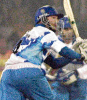 Paul Nixon of Delhi Jets plays a shot during the ICL Twenty20 match against Mumbai Champs at the Tau Devi Lal Stadium in Panchkula on Friday.
