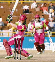 Ian Harvey of Chennai Superstars plays a shot during the ICL Twenty20 match against Chandigarh Lions at the Tau Devi Lal Stadium in Panchkula on Saturday.