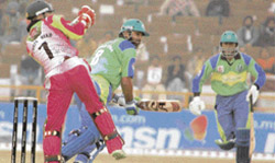 Inzamam-ul Haq of Hyderabad Heroes plays a shot during the match against Chennai Superstars at the ICL Twenty20 tournament at the Tau Devi Lal Stadium in Panchkula