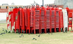 Kissa Kursi Ka: Birds have a great time perched on chairs at the sports stadium in Bathinda where a function was held recently by a political party.