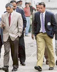 Nicky Boje comes out of the police officers� mess after being questioned by crime branch officers about the match-fixing scandal in 2000, in New Delhi on Tuesday.