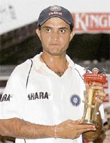 Sourav Ganguly holds the Man of the Series trophy in Bangalore on Wednesday.
