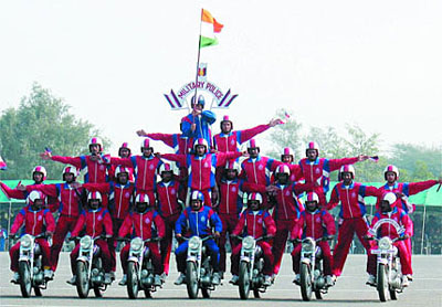 Motorcyclists of the Corps of Military Police displaying their heroics on the second day of the 150th celebrations of Central India Horse (CIH) in Bathinda on Friday. 