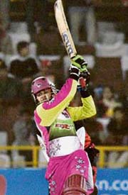 R Sathish of Chennai Superstars plays a shot against Kolkata Tigers during the semifinal of the ICL Twenty20 tournament at the Tau Devi Lal Stadium in Panchkula on Friday.