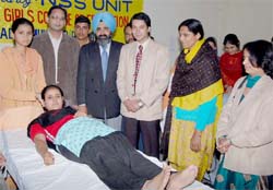 A donor at blood donation camp organised by the NSS in Muktsar on Sunday.