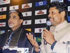 Kapil Dev and Subhash Chandra addressing mediapersons at Panchkula on Sunday. 