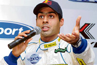 Karun Chandok, at a press conference, answers queries about his induction into Britain�s I-Sport International team for 2008 GP2 Series in New Delhi on Tuesday.