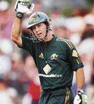 Australian captain Ricky Ponting celebrates on scoring a century against New Zealand in Hobart on Thursday.