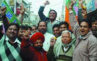 BJP workers in Bathinda celebrating the party�s win in Gujarat on Sunday. 