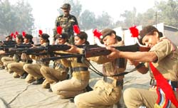 NCC cadets aiming at the target on the fourth-day of the 10-day NCC camp in Bathinda on Tuesday.