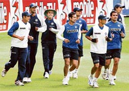 Indian players jog around the field during training at the MCG in Melbourne on Tuesday.
