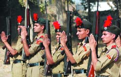 NCC cadets being trained at a camp being held at the ITI, Bathinda, on Thursday.