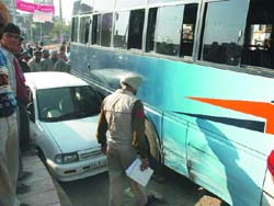 A bus belonging to the Orbit Transport company hit a car belonging to a civil judge at the Bibiwala Chowk in Bathinda on Thursday.
