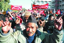 Members of Mool Pravah Akhil Bharat Nepali Ekta Samaj staging protest at mini-secretariat in Bathinda on Friday. 