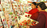 People at a greeting cards shop in Bathinda on Saturday.