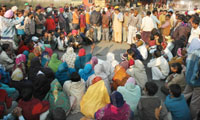 Relatives of the road mishap victim protesting in front of NFL gate in Bathinda on Saturday.