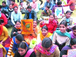 The students of Kenway College of Education showing their creations at the greeting card competition held in Abohar on Tuesday. 