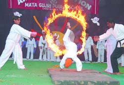 Students performing martial arts at the annual function of Mata Gujri Public School held at Chak Sohelewala village near Muktsar. 