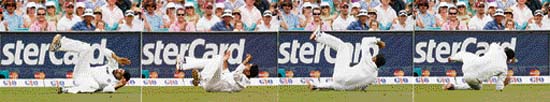 Harbhajan Singh rolls on the ground while celebrating the wicket of Australia's captain Ricky Ponting on day four of the second Test against India at the Sydney Cricket Ground on Saturday.