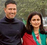 Jeev Milkha Singh and his bride Kudrat at the Chandigarh Golf Range on Saturday.