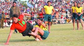 A Kabaddi match between Punjab and Haryana in progress in Bathinda on Sunday.