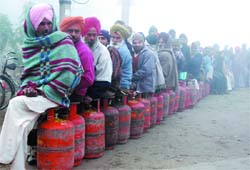 Braving chill, consumers wait at a gas agency in Bathinda on Friday morning to get their LPG cylinders refilled. 
