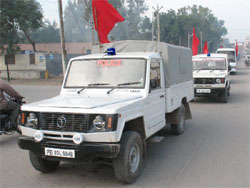 Police staging a flag march in Bathinda