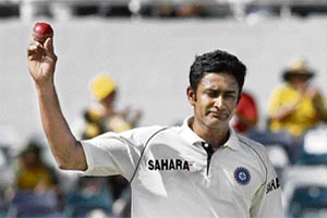 Anil Kumble shows the ball after taking his 600th wicket of Australia's Andrew Symonds during day two of the third Test match between against Australia at WACA stadium in Perth, on Thursday.