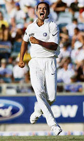 Irfan Pathan celebrates after taking the wicket of Australia�s Phil Jaques during the third day of the third Test at the WACA Stadium in Perth on Friday.