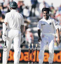 RP Singh rejoices on dismissing last man Shaun Tait.