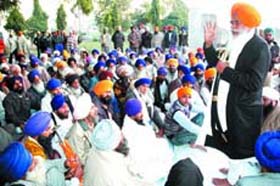 Jathedar Balwant Singh Nandgarh of the Takht Damdama Sahib addressing representatives of various Sikh organisations at the Gurdwara Haji Ratan in Bathinda on Sunday.