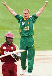 Shaun Pollock celebrates on dismissing West Indies� Brenton Parchment during the first one-dayer at Centurion on Sunday. 