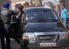 The vehicle intercepted by the cops on Railway Road in Bathinda on Monday.
