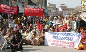 The protesters agitating against police inaction in Muktsar on Monday. 