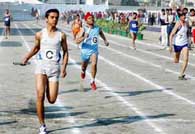 A relay race in progress at the Punjab State Panchayat Tournament at Sports Stadium in Bathinda on Monday.