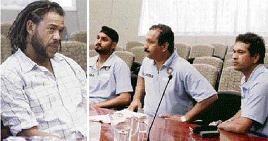 Australian cricketer Andrew Symonds sits in the courtroom prior to the start of the appeal hearing against a three-match ban imposed on Indian cricketer Harbhajan Singh by the ICC at the Adelaide Federal Court on Tuesday. (R) Indian cricketers, from left, Harbhajan Singh, assistant Indian team manager MV Sridhar and Sachin Tendulkar prior to the start of the appeal hearing.