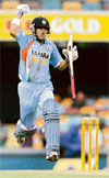 Gautam Gambhir celebrates scoring his century against Sri Lanka