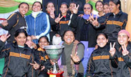 Victorious Amritsar girls with the PWHL trophy. The matches were held at Badal village in Muktsar 
