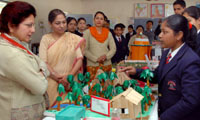 Vice-president Chetak AWWA, Rama Katoch (extreme left), principal of the school, Rupinder Kaur and others visiting the Art and Craft Exhibition at the Army School, Bathinda, on Saturday.