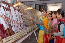 Students view an exhibition on the history of the Kuka Movement at the SSD Girls College in Bathinda on Tuesday