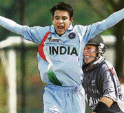 Sidharth Kaul celebrates after taking the wicket of Jan Morgan of New Zealand during the first semifinal of the ICC under-19 World Cup in Kuala Lumpur on Wednesday.
