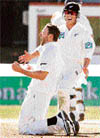 New Zealand�s Daniel Vettori celebrates after dismissing England�s Kevin Pietersen on the third day of the first Test at Hamilton