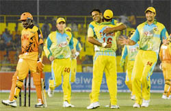 Wavell Hinds of Ahmedabad Rockets walks back after being run out in the ICL Twenty20 match against Chandigarh Lions at Tau Devi Lal Stadium in Panchkula