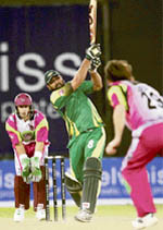 Inzamam-ul-Haq of Lahore Badshahs hits a six during the match against Chennai Superstars in the ICL Twenty20 tournament at Panchkula