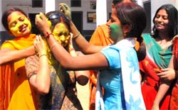 HOLI HAI: Students of Swami Vivekananda Girls� College celebrating Holi in Bathinda.
