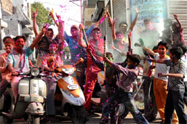 Youngsters celebrating Holi in Bathinda on Saturday.