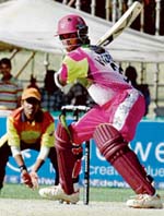 Man of the Match G Vignesh, who played a hurricane knock of 61 for victorious Chennai Superstars against Mumbai Champs, in action in the Edelweiss 20s Challenge match at Tau Devi Lal stadium here on Sunday. 