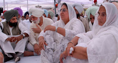 Leader of opposition Rajinder Kaur Bhattal along with Congress leaders Jagmeet Singh Brar and Bir Devinder Singh at the bhog ceremony of Gurinderjeet Singh Kukku in Bhai Rupa village on Sunday. 