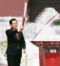 Chinese President Hu Jintao raises the Olympic torch during the "Welcome Ceremony for the Olympic Flame and the Launching Ceremony of the Beijing 2008 Olympic Torch Relay" at Tiananmen Square in beijing, on Monday. The flame arrived in Beijing on Monday. It returns to Asia in mid-April after a trip across much of the world before starting its journey across china in early May. 