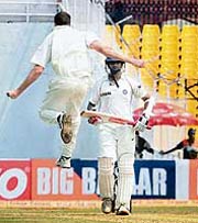Morne Morkel jumps with joy after taking wicket of Rahul Dravid at Sardar Patel Stadium in Ahmedabad on Saturday.